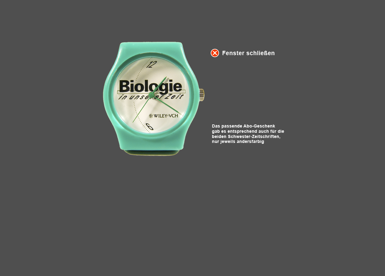 Abbildung Werbe-Geschenk "Biologie in unserer Zeit"-Armbanduhr im Design der Anzeige 2000