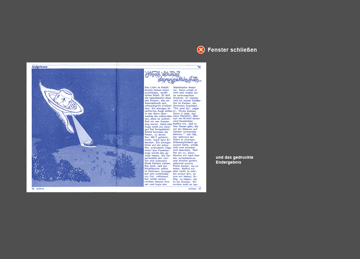 Abbildung der gedruckten Geschichte mit Tusche-Zeichnung "Fliegende Untertasse" und Text