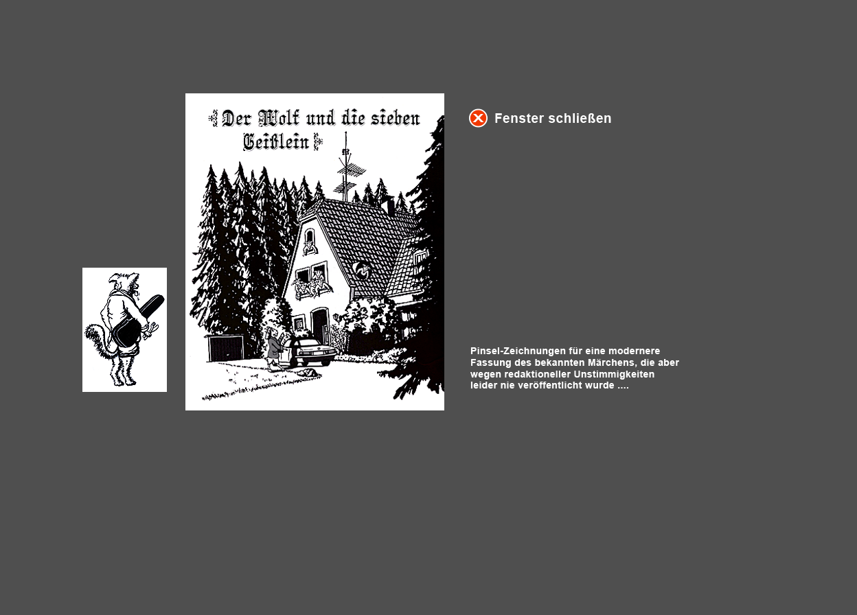 Große Abbildung Tusche-Zeichnung "Mutter Geiß verlässt das Haus der 7 Geißlein" und der Wolf steht schon mit Messer und Gabel bereit