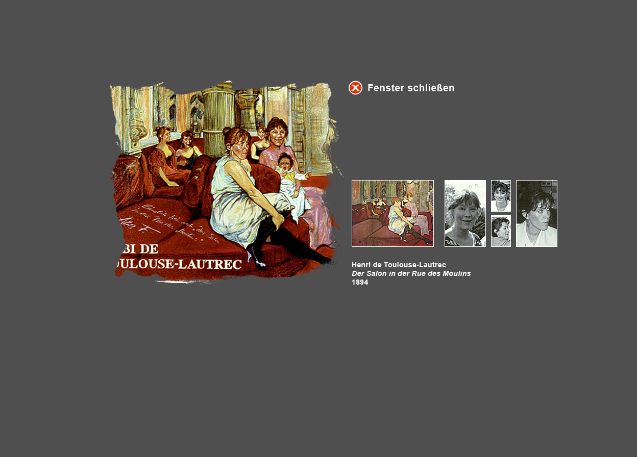 Große Abbildung Wachskreide-Zeichnung "Gobi de Toulouse-Lautrec", kleine Abbildung von Toulouse-Lautrecs Original-Bild und 4 kleine Abbildungen von zugrunde liegenden Original-Fotos