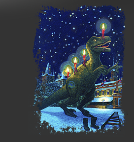 Größere Abbildung Wachskreide-Zeichnung "Weihnachts-Dino"