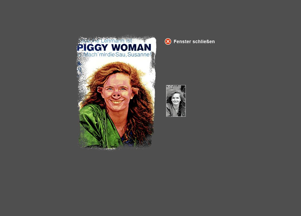 Große Abbildung Wachskreide-Zeichnung "Piggy Woman" und kleine Abbildung vom zugrunde liegenden Original-Foto